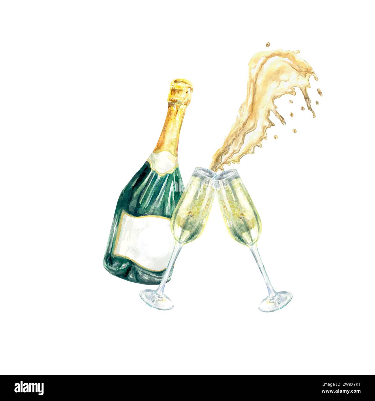 Champagne splashes watercolor. Bottle, glasses of champagne. Greeting cards, wedding invitations, banners, posters, birthday, festivals, new year. Stock Vector