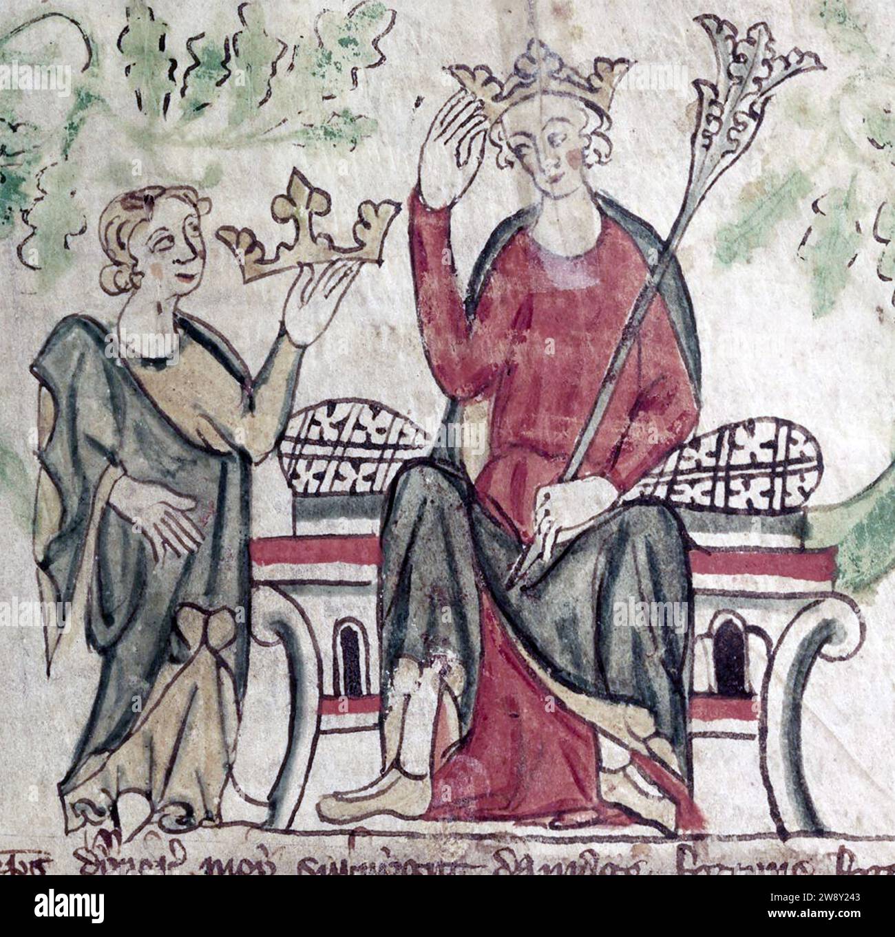 KING EDWARD II OF ENGLAND 1284-1327) receiving the Crown from the contemporary manuscript Chronicle of England Stock Photo