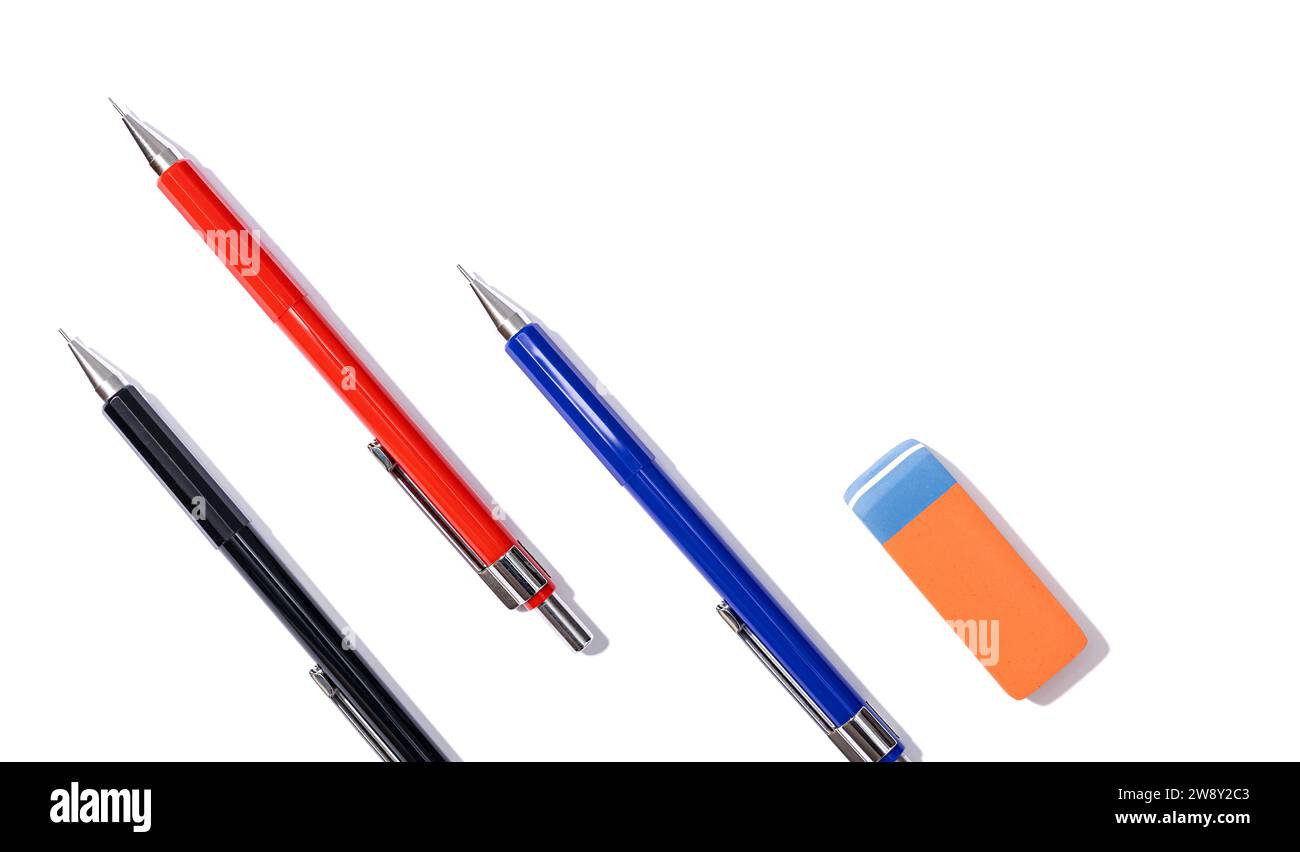 Colorful set of Drafting pencils and eraser on white background. Technical design concept. Copy space Stock Photo