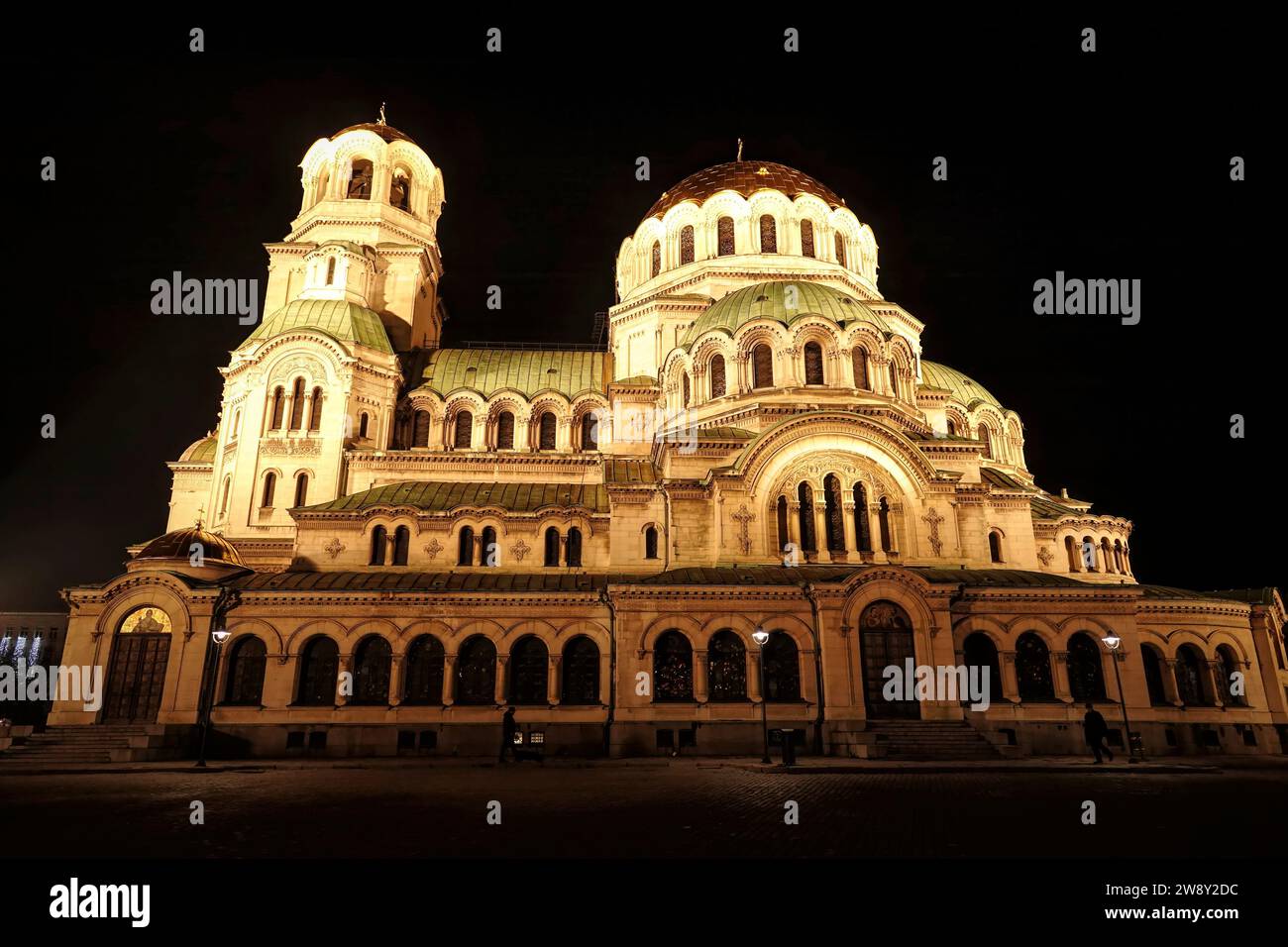 Sofia City, Sofia Province, Bulgaria 12 12 2023 Wide angle closeup on the illuminated Alexander Nevsky Cathedral at the night in the capital Stock Photo