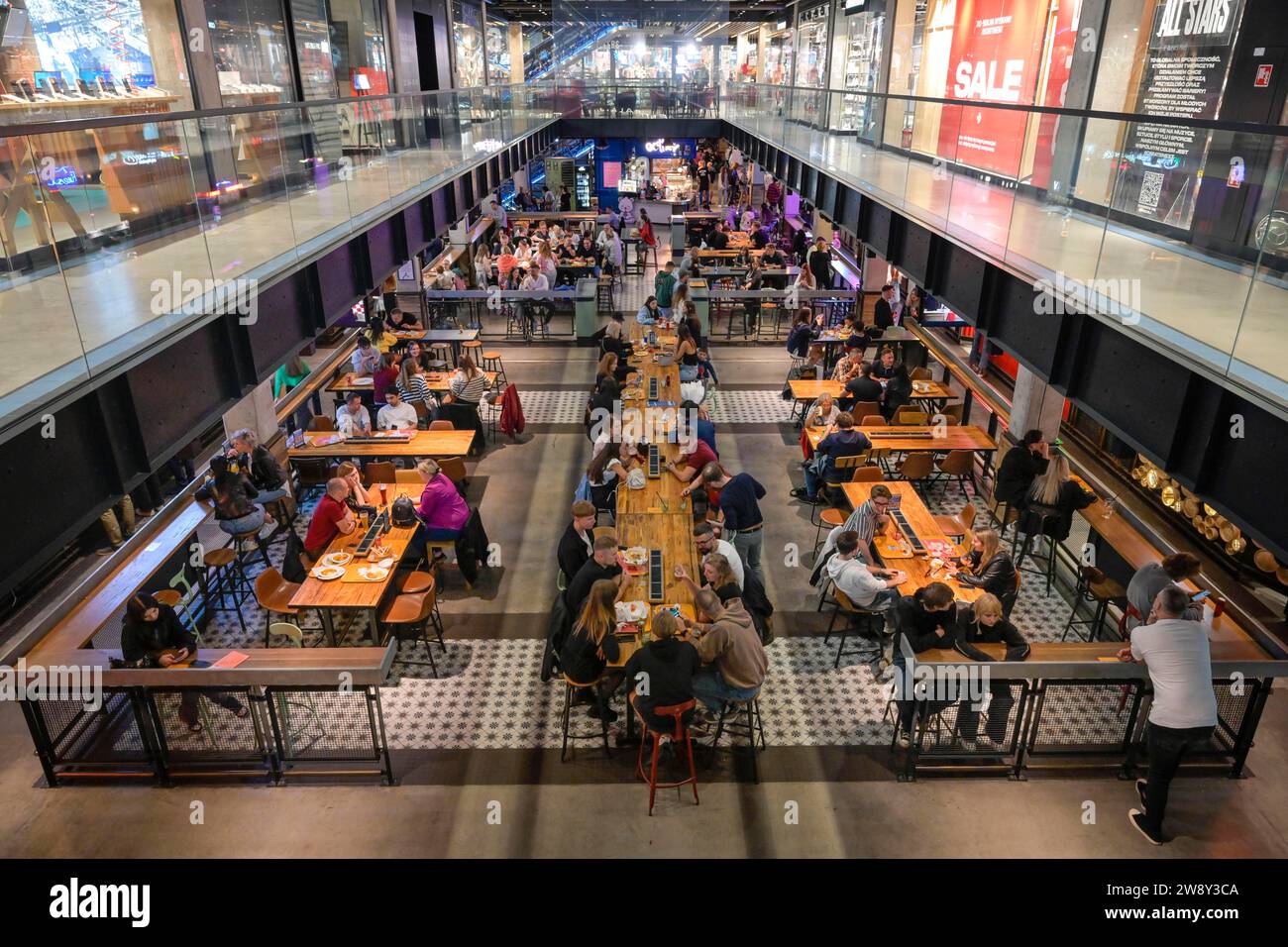 Restaurant Food-Hall, former Elektrownia Powisle power station, now a modern shopping centre, Dobra, Warsaw, Mazowieckie Voivodeship, Poland Stock Photo