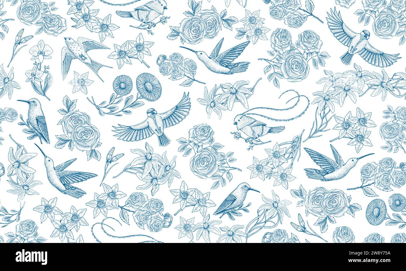 Toile De Jouy banner. Wild bird and exotic plants. Seamless pattern. Eastern landscape. Linear Flowers and roses. Hand drawn sketch in vintage style. Stock Vector