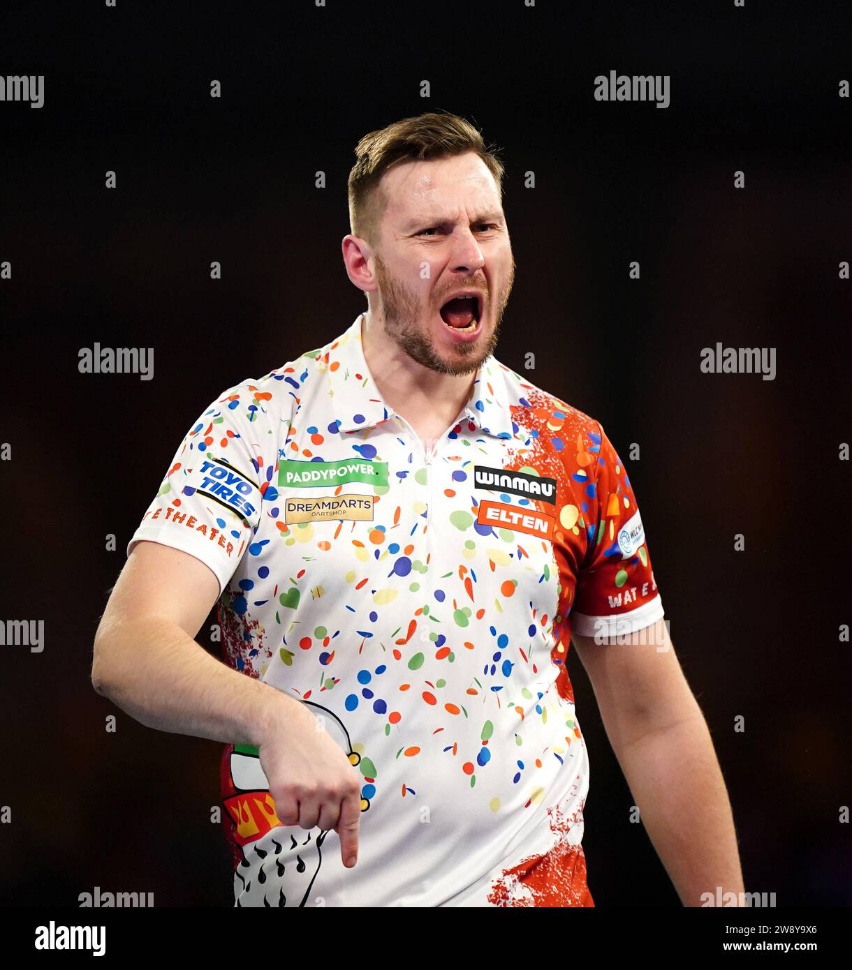 Florian Hempel reacts during his match against Dimitri Van den Bergh