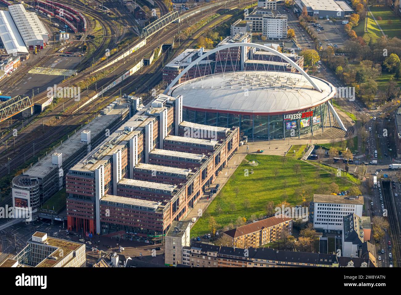 Aerial view, Lanxess Arena venue and events, Deutz, Cologne, Rhineland, North Rhine-Westphalia, Germany Stock Photo
