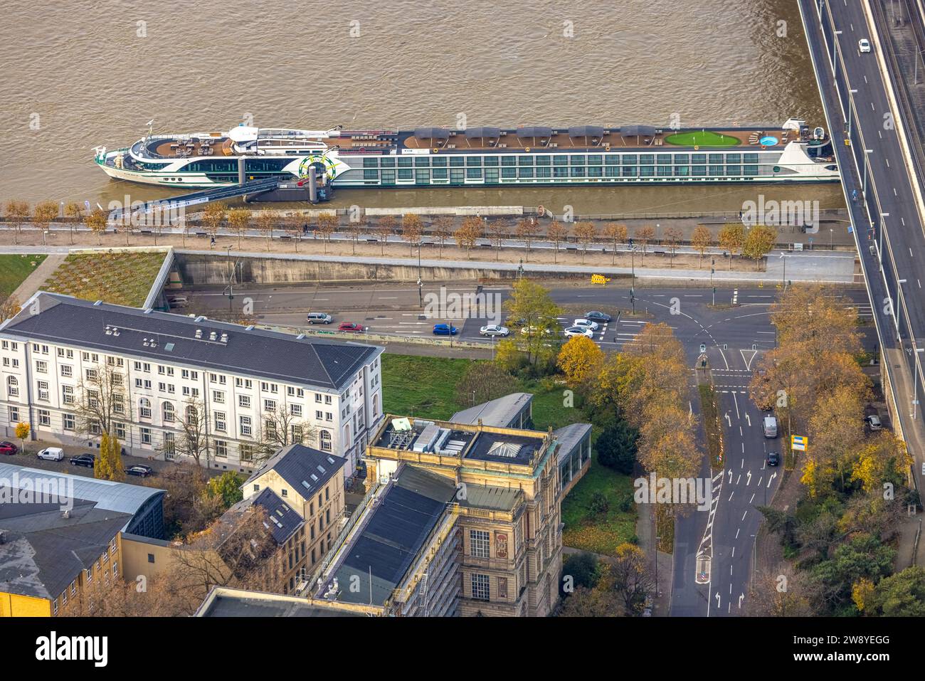 Aerial view, excursion boat on the river Rhine, art academy art school, tunnel entrance, surrounded by autumnal deciduous trees, old town, Düsseldorf, Stock Photo