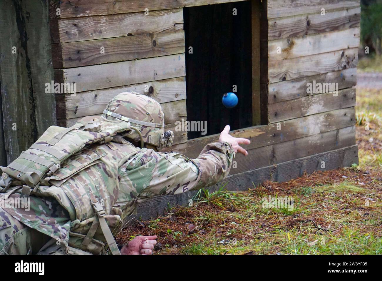 Bayern, Germany. 12th Dec, 2023. Bravo Battery, 5th Battalion, 4th Air Defense Artillery Regiment hosted the Battalions first grenade range qualifying 58 Soldier on the M67 Fragmentation Grenade. Commanding General Brig. Gen. Maurice Barnett and Ltc. Kyle Anderson participated in the range alongside this years Knox Award Recipients Bravo Black Knights. Concluding the range, we had the honor of promoting 2nd Lt. Brian Bauer to 1st Lt. By Daring Deeds, We Attack! (Credit Image: © U.S. Marines/ZUMA Press Wire) EDITORIAL USAGE ONLY! Not for Commercial USAGE! Stock Photo