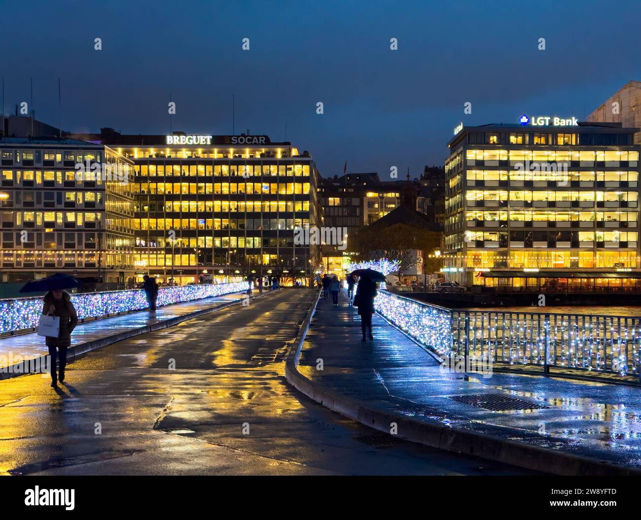 Geneva, Switzerland December 1, 2023 Night scene in Geneva with Christmas illumination and
