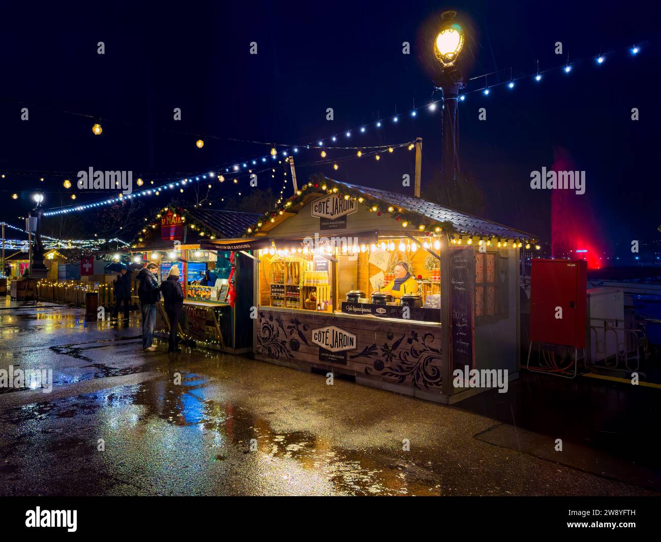 Geneva, Switzerland December 1, 2023 Christmas market at the Quai du Mont Blanc is the most