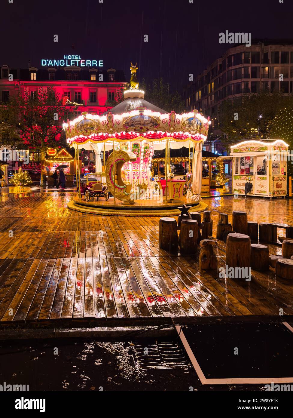 Geneva, Switzerland December 1, 2023 Christmas market at the Quai du Mont Blanc is the most