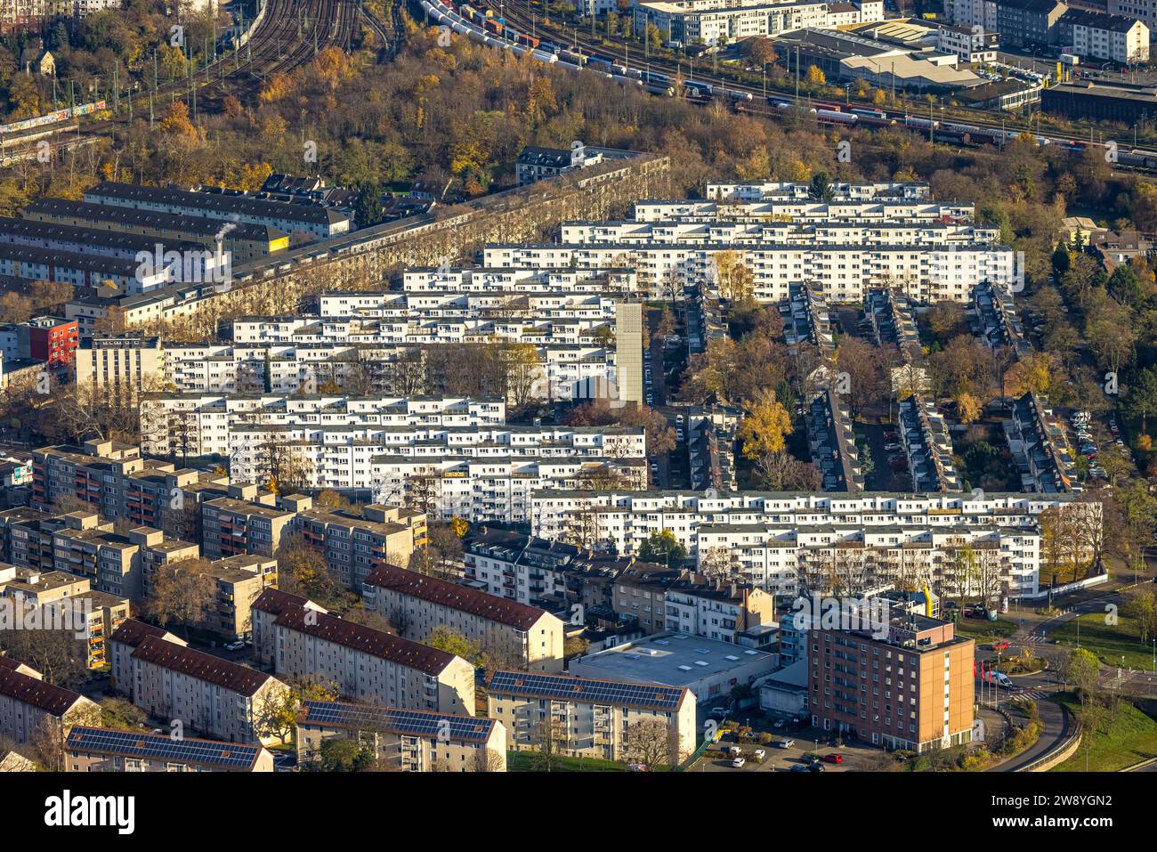 Aerial view, terraced house housing estate in the district of Veedel Buchforst, surrounded by autumnal deciduous trees, Buchforst, Cologne, Rhineland, Stock Photo