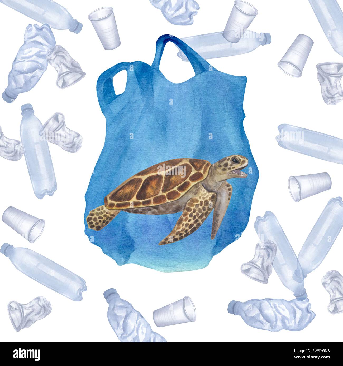 Sea turtle got entangled in a plastic bag. Ocean pollution. Great Pacific Garbage Patch. Disposable blue transparent bottles and cups. Hand-drawn Stock Photo