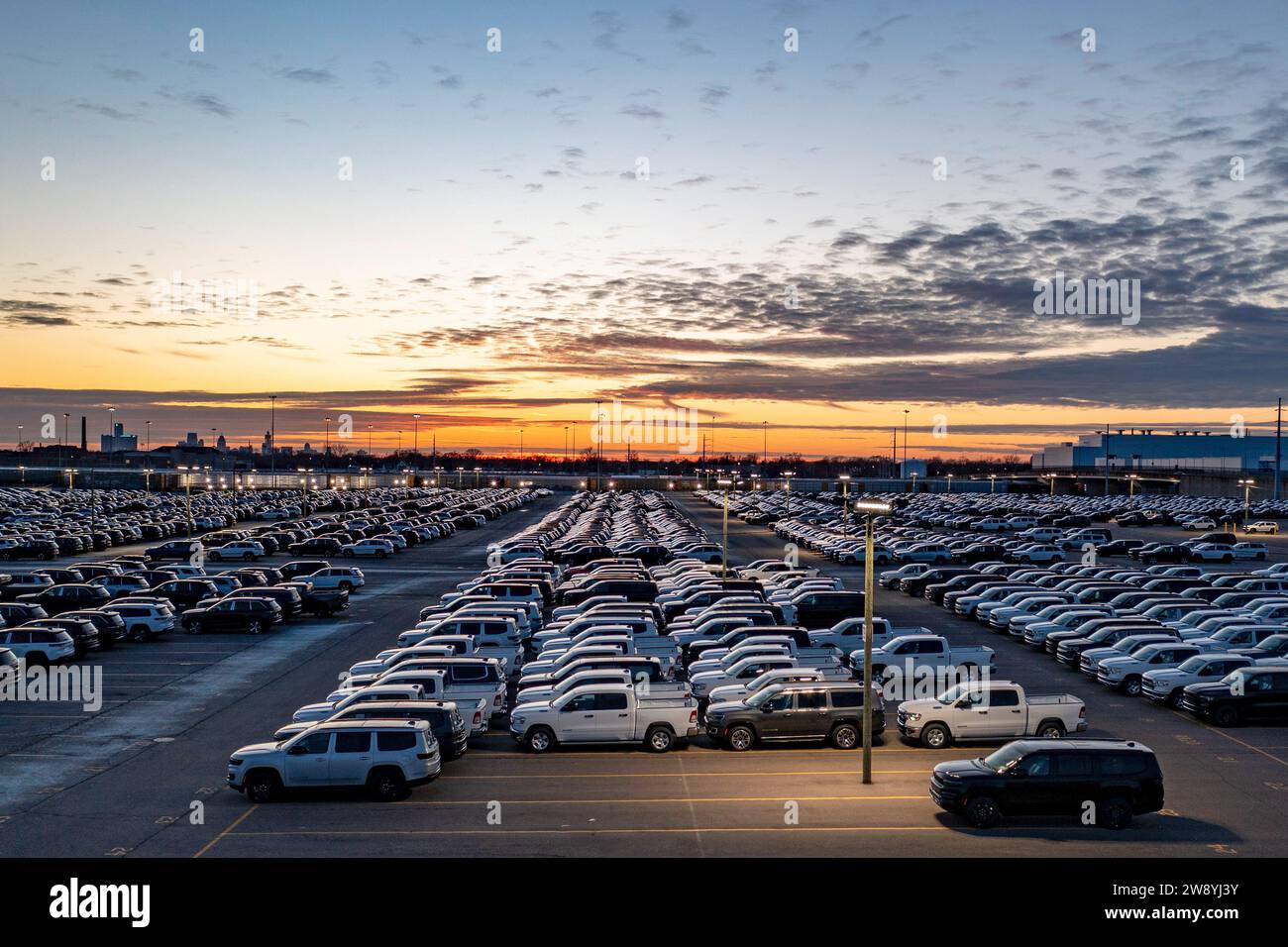 Detroit, Michigan - New cars and pickup trucks parked at Stellantis' Jefferson North Assembly Plant. Stock Photo