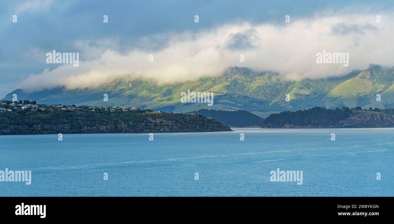 The view of Diamond Harbor (left) Quail Island (right) and Charteris Bay from Lyttleton, NZL Stock Photo