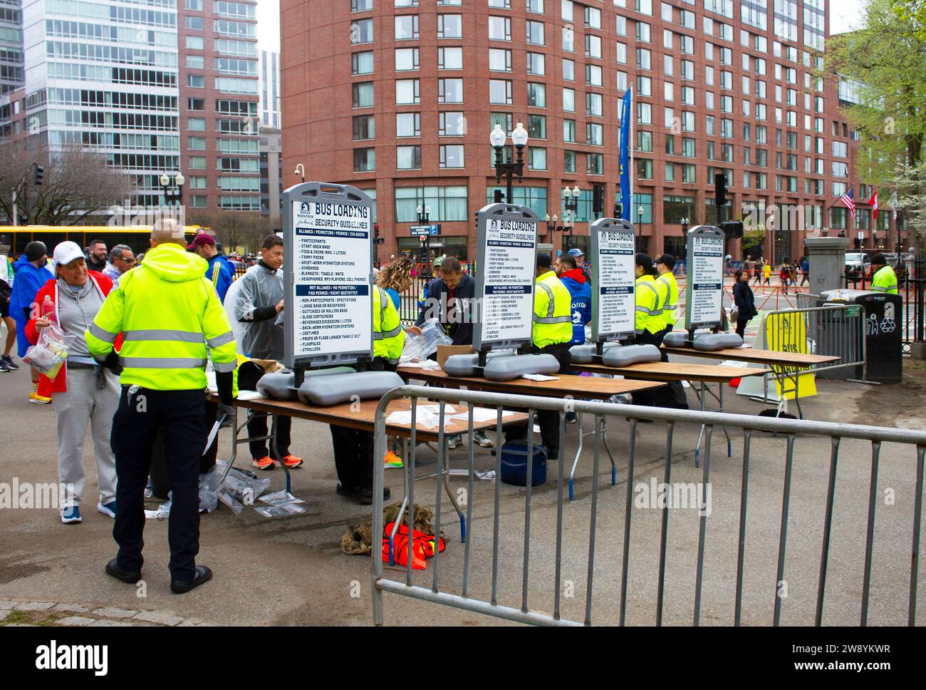 Boylston Street, Boston, MA, USA - April 17, 2023. Boston Common Park security checkpoint for Marathon runners before they enter bus boarding location Stock Photo