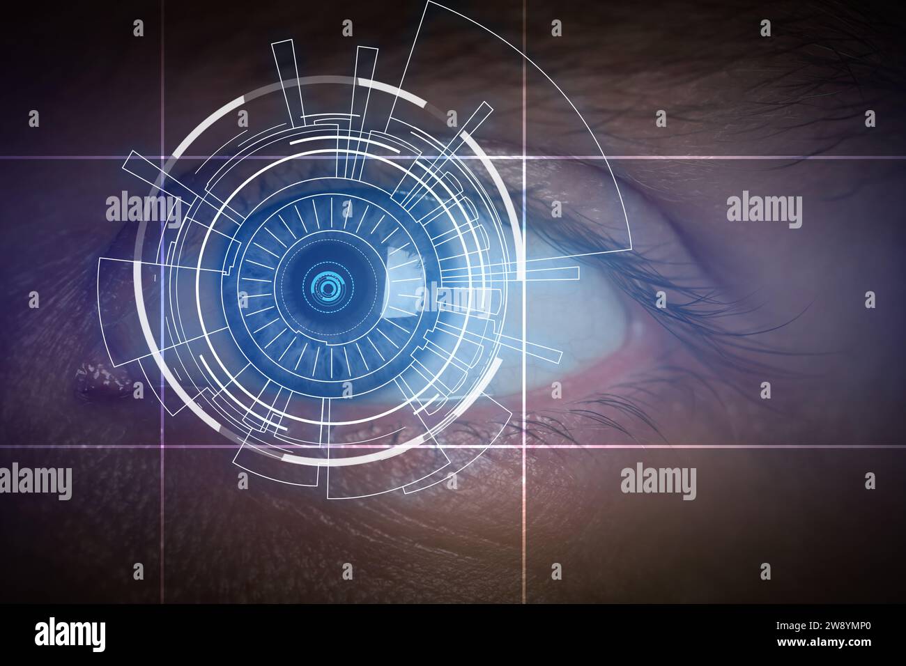 Facial and iris recognition. Man with digital biometric scan, closeup