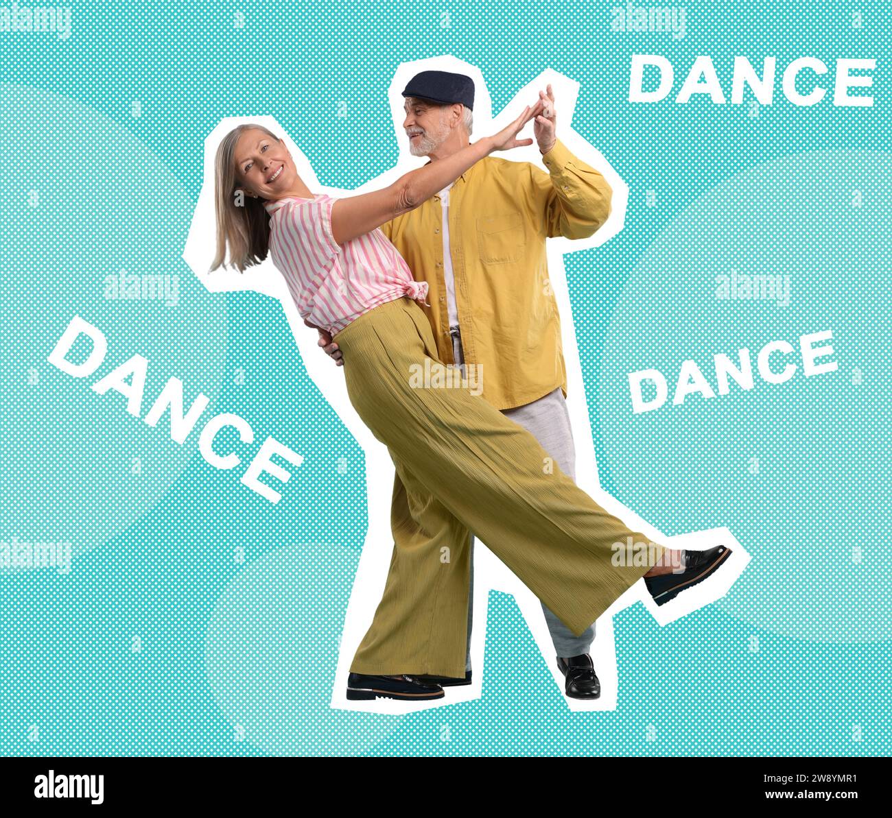 Happy couple dancing on bright background. Creative collage with stylish mature man and woman. Concept of music, energy, party, fashion, lifestyle Stock Photo
