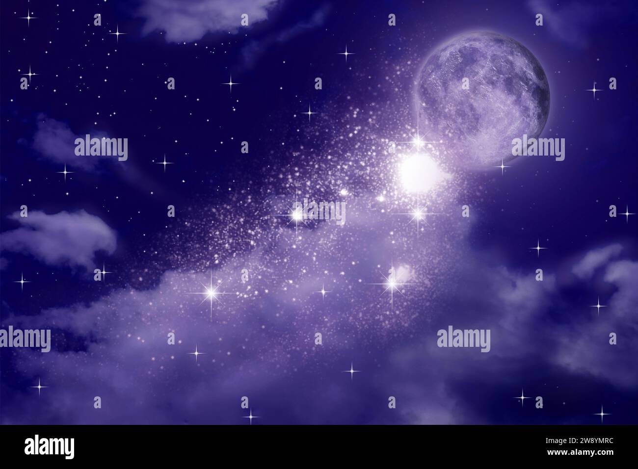 Beautiful starry sky with full moon and clouds at night Stock Photo - Alamy