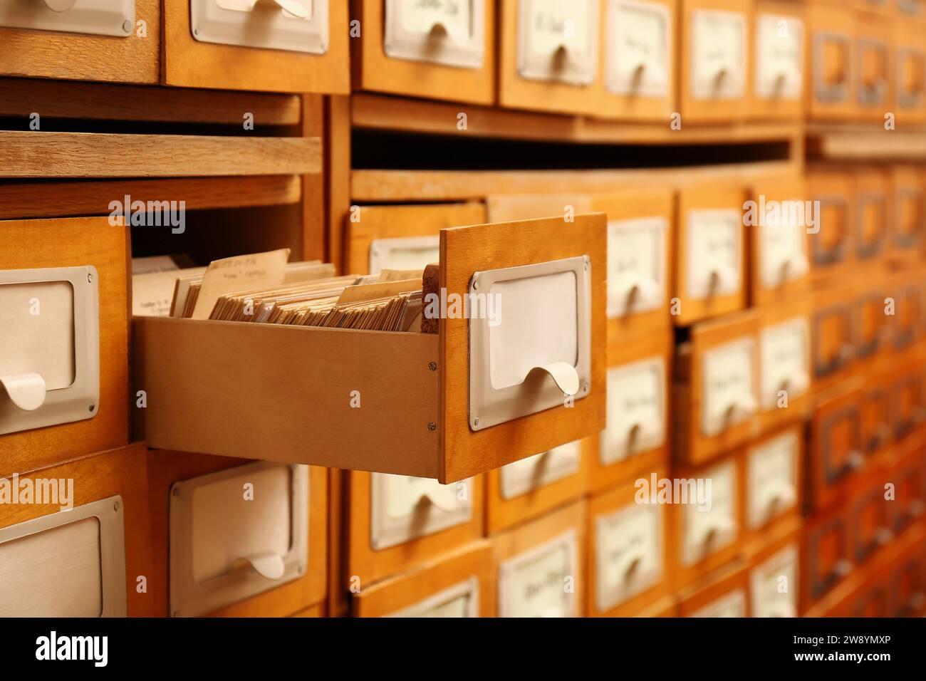 Closeup view of library card catalog drawers Stock Photo Alamy