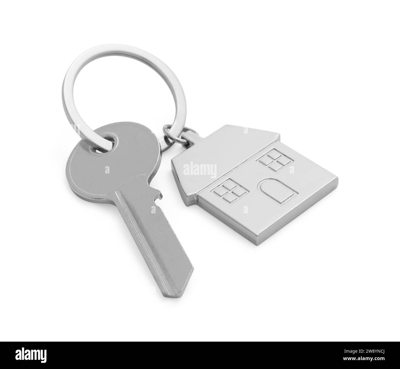 Key with keychain in shape of house isolated on white Stock Photo