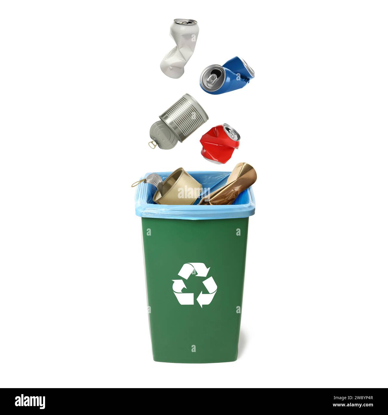 Garbage falling into trash bin on white background Stock Photo Alamy