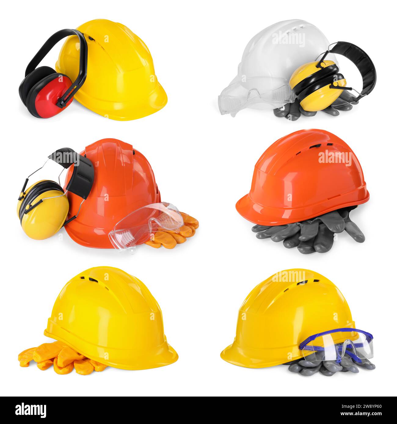 Safety equipment, collection. Hard hats, gloves, protective headphones