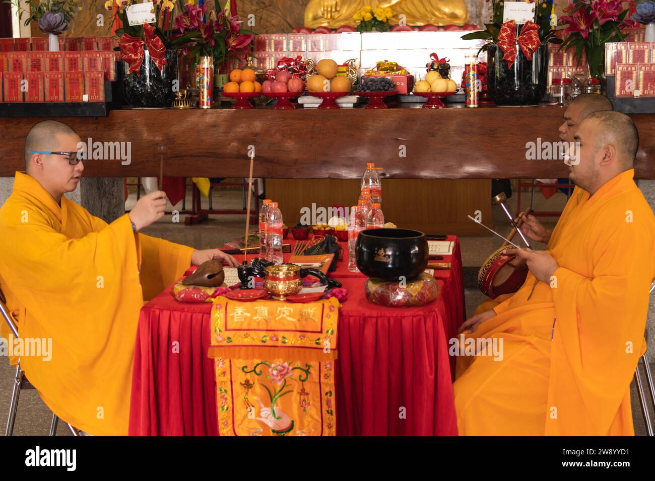Bandung, Indonesia - January 8, 2022 : The monks with orange robes sit ...