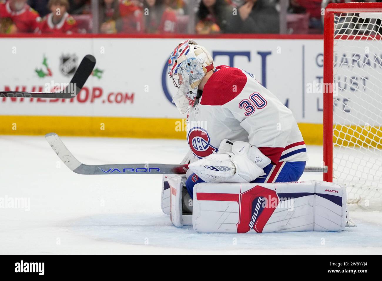Primeau Montreal Canadiens goaltender Cayden Primeau stops the puck between his ...