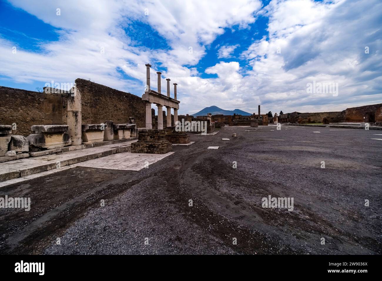 Ruins of the Forum in the archaeological site of Pompeii, an ancient city destroyed by the eruption of Mount Vesuvius in 79 AD. Stock Photo