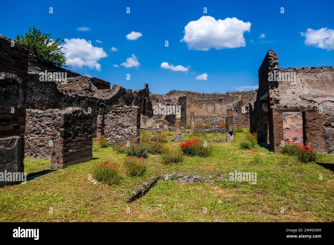 Ruins in Via dell'Abbondanza in the archaeological site of Pompeii, an ancient city destroyed by the eruption of Mount Vesuvius in 79 AD. Stock Photo