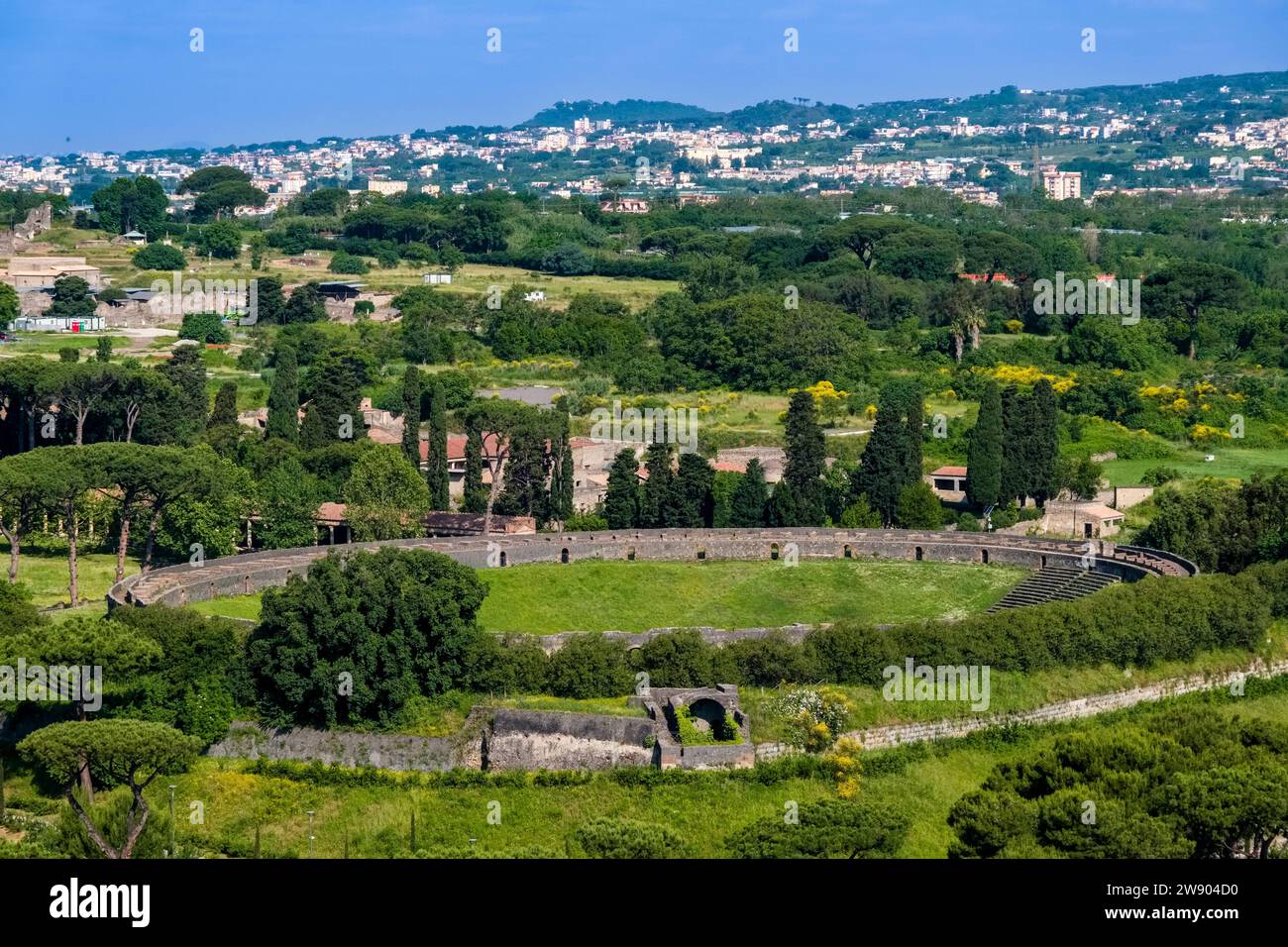Aerial view of the archaeological site of Pompeii, seen from the bell tower of the church Santuario della Beata Vergine del Santo Rosario. Stock Photo