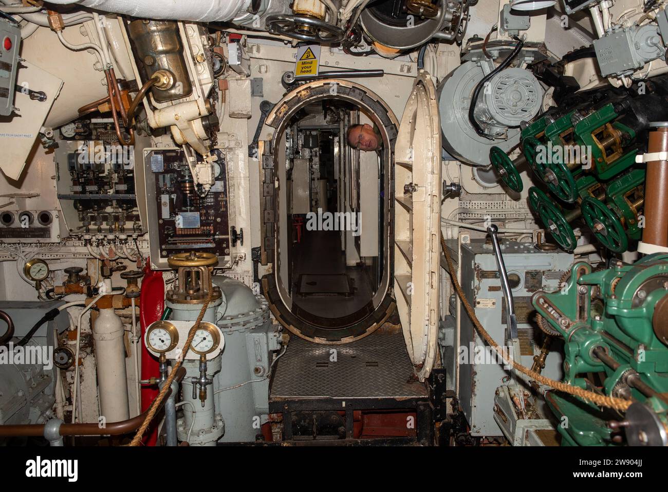 Interior view looking through HMS Alliance, part of the submarine museum in Gosport, England.  Dec 2023. Stock Photo