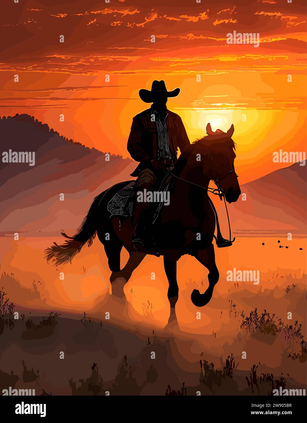 Silhouette art image of a cowboy riding a horse in a wide field Stock Vector