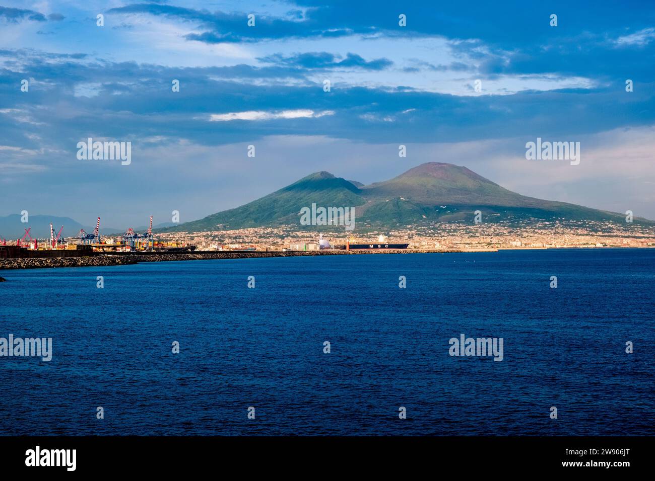 The volcano Mount Vesuvius, seen over the Gulf of Naples. Stock Photo