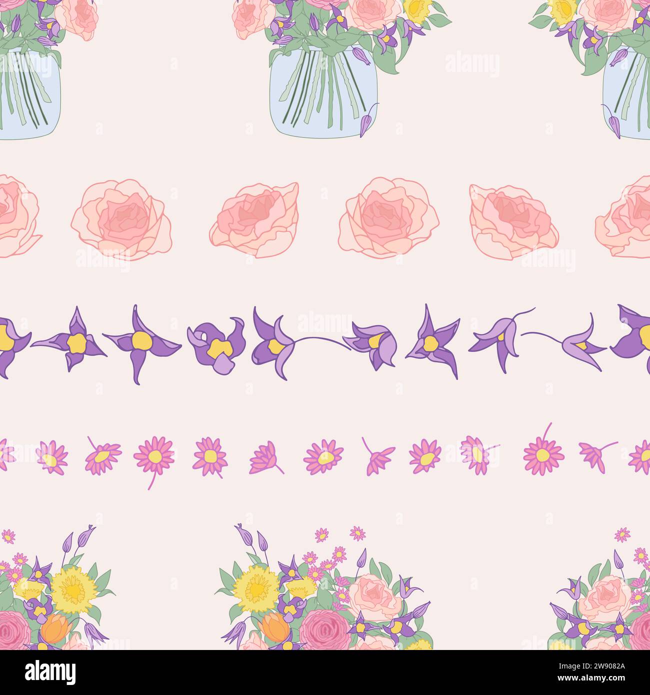 Summer flowers arranged in rows on light pink background. Soft and dreamy seamless pattern. Stock Vector