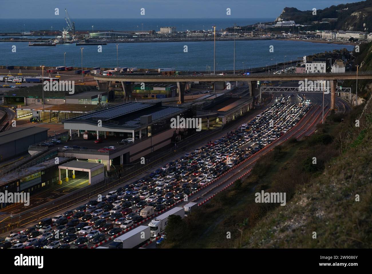 Traffic queues for ferries at the Port of Dover in Kent as people travel to their destinations for the Christmas period. Picture date: Saturday December 23, 2023. Stock Photo