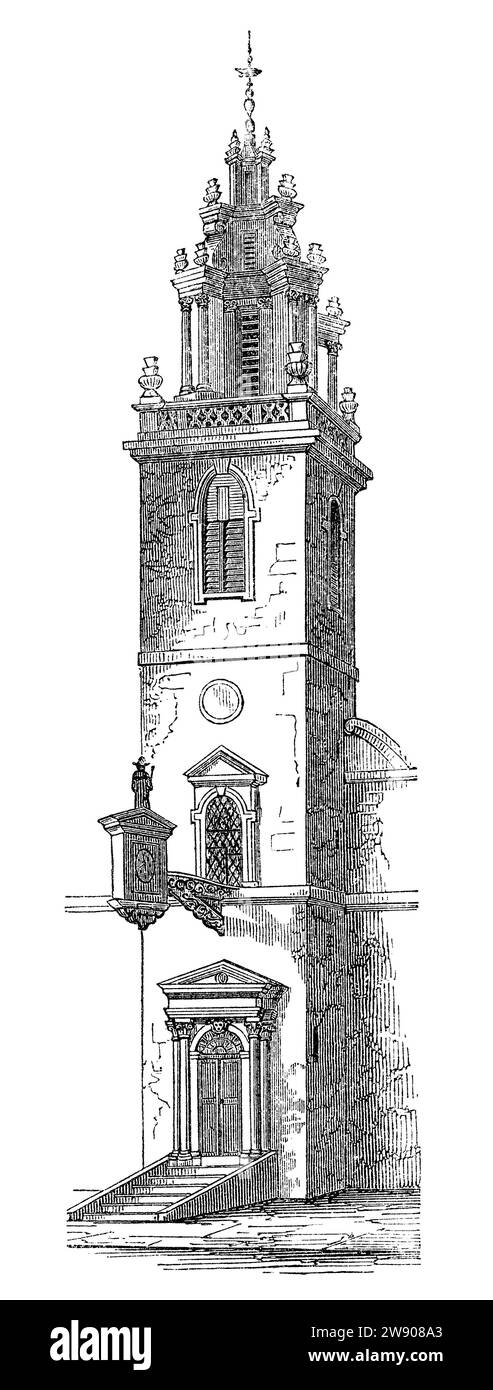 Vintage 1854 engraving of the tower of St. James Garlickhythe, London. Rebuilt by Sir Christopher Wren. Stock Photo