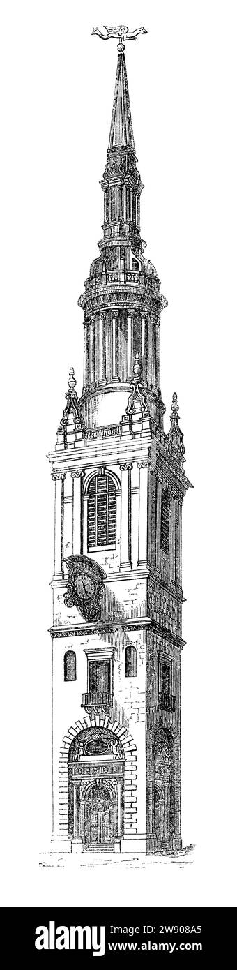 Vintage 1854 engraving of the tower of St. Mary-le-Bow church, London. Stock Photo
