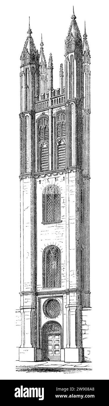 Vintage 1854 engraving of the tower of St. Michael church, Cornhill, before the current porch by Sir George Gilbert Scott was added. Designed by Sir Christopher Wren and Nicholas Hawksmoor. Stock Photo