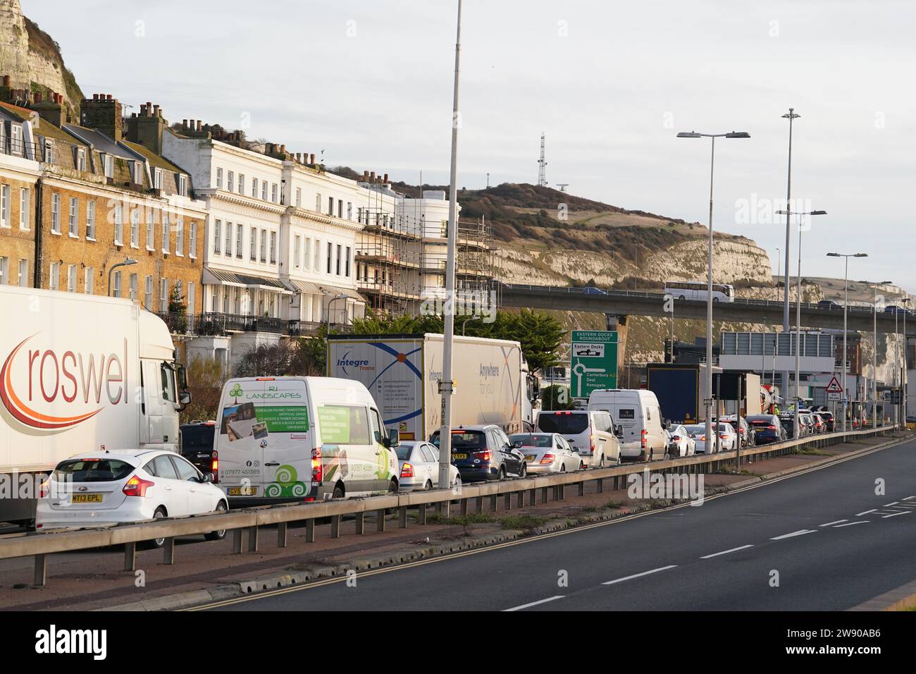 Traffic queues for ferries at the Port of Dover in Kent as people