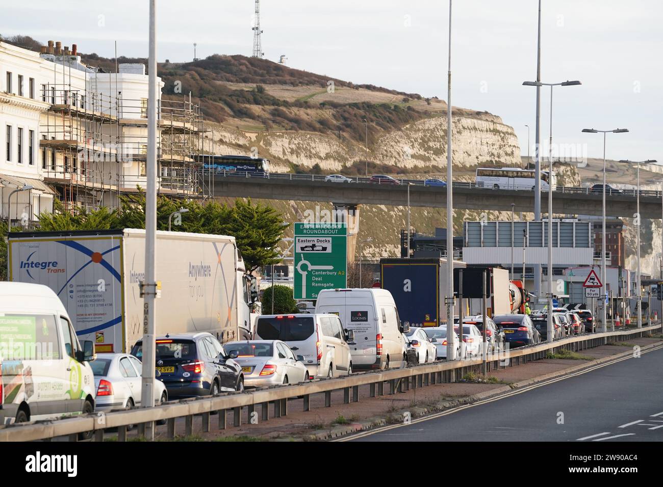 Traffic queues for ferries at the Port of Dover in Kent as people
