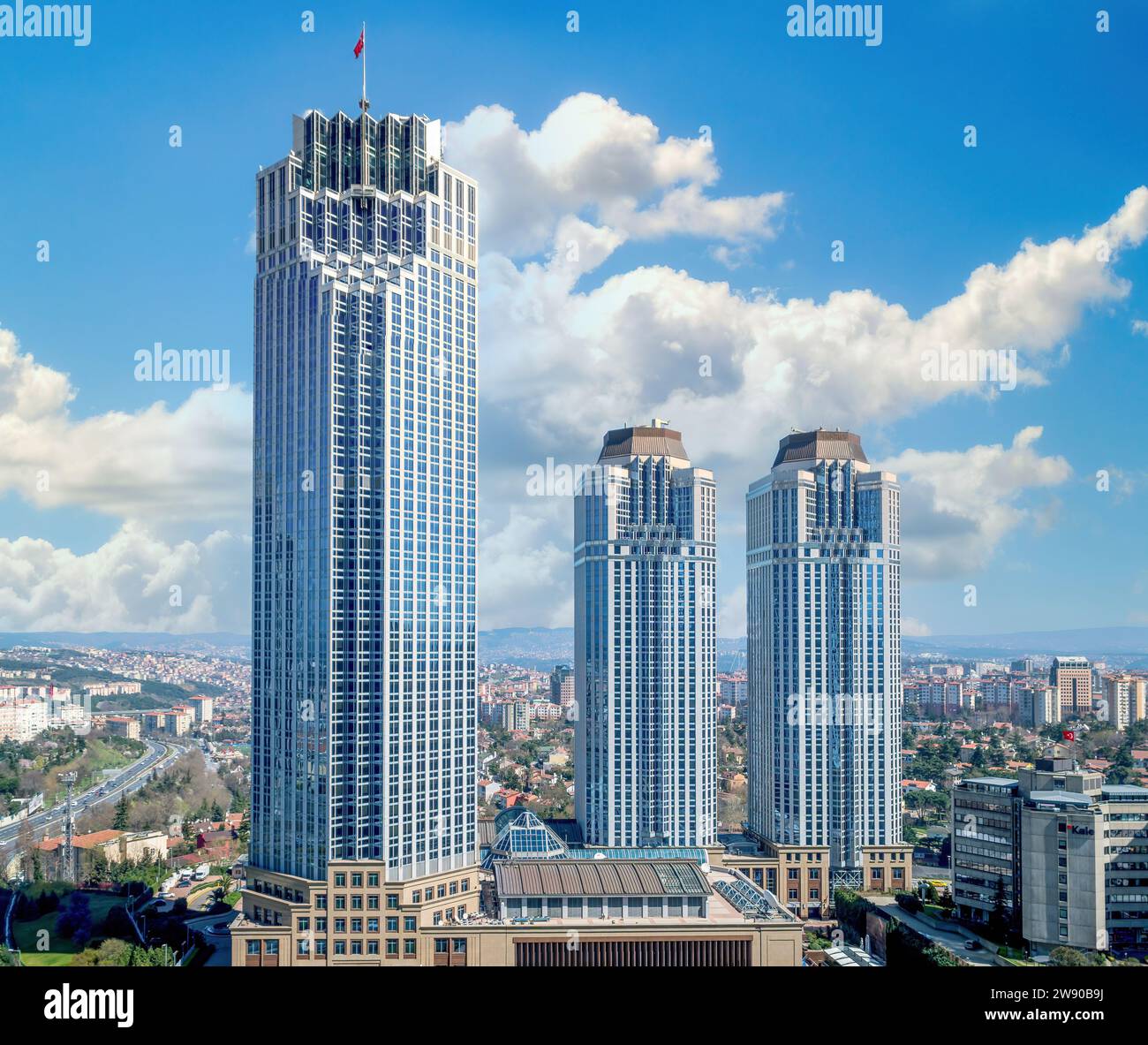 Istanbul Turkey - 18 September 2017: Isbank headquarters is a modern building dominating Istanbul skyline. With its sleek design and towering height, Stock Photo