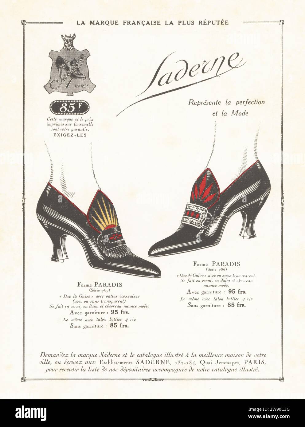 Magazine ad for Paris shoe brand Saderne, 1921. Featuring women's high heel buckle shoes in the Paradis style for 85 Francs. Made by the shoe manufacturer Saderne, 132-134 Quai Jemmapes, Paris. Stock Photo