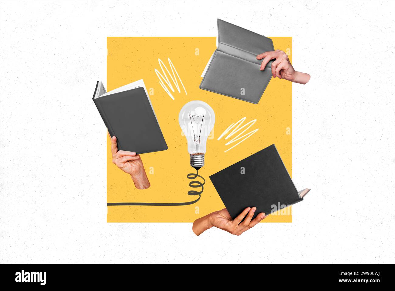 Collage picture illustration three arms people hold take copybook notes