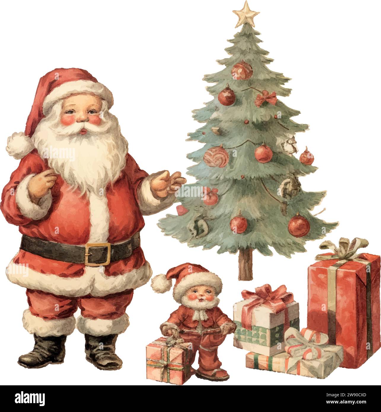 detailed vintage old kawaii santa with gifts, snowman, full body ...