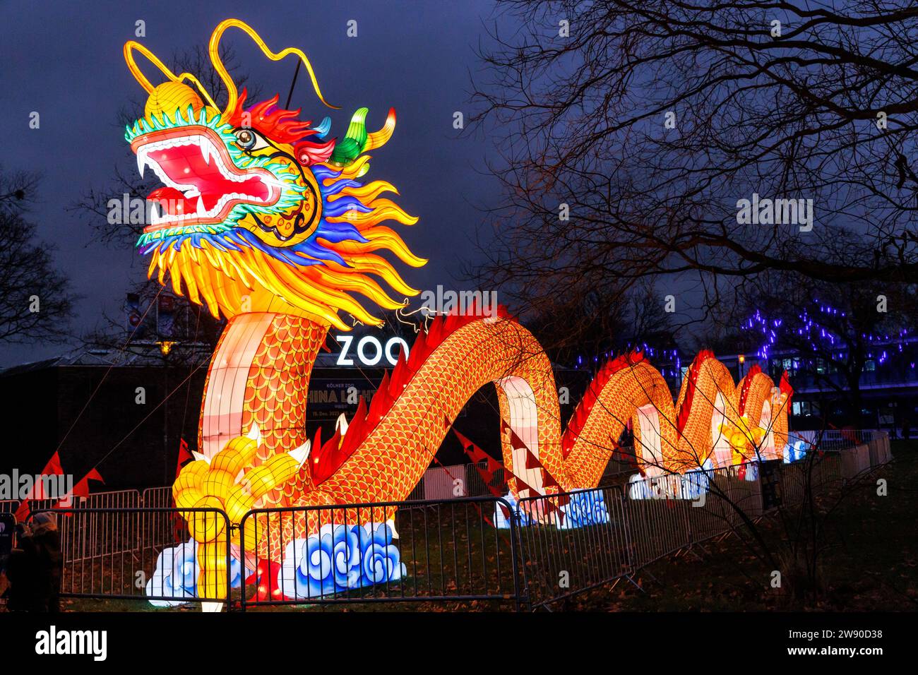 a large illuminated dragon advertises the China Lights Festival at Cologne Zoo, Cologne, Germany. ###EDITORIAL USE ONLY###  ein grosser beleuchteter D Stock Photo