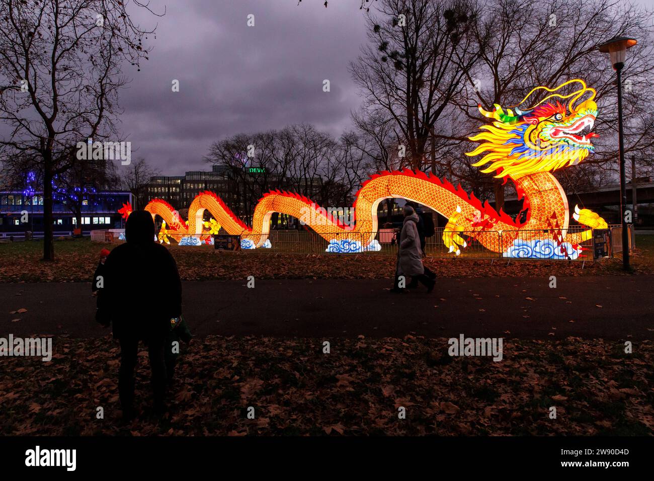 a large illuminated dragon advertises the China Lights Festival at Cologne Zoo, Cologne, Germany. ###EDITORIAL USE ONLY###  ein grosser beleuchteter D Stock Photo