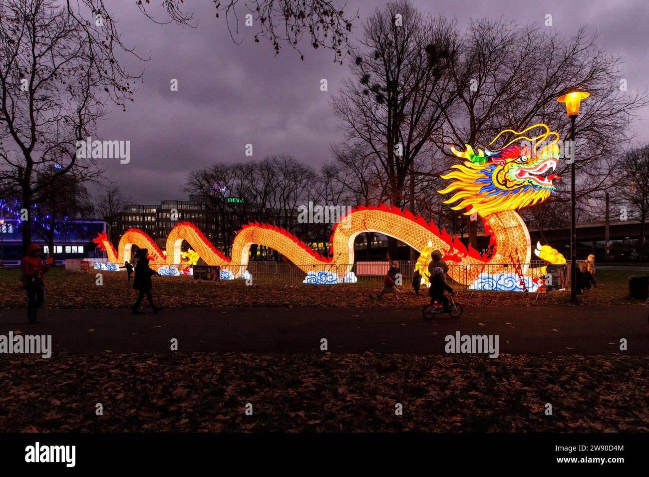 a large illuminated dragon advertises the China Lights Festival at Cologne Zoo, Cologne, Germany. ###EDITORIAL USE ONLY###  ein grosser beleuchteter D Stock Photo