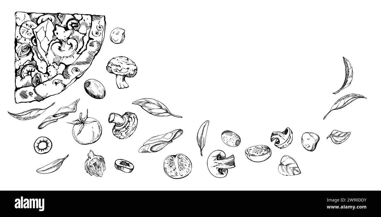 Hand drawn vector ink illustration. Capricciosa pizza slice, mozzarella ...