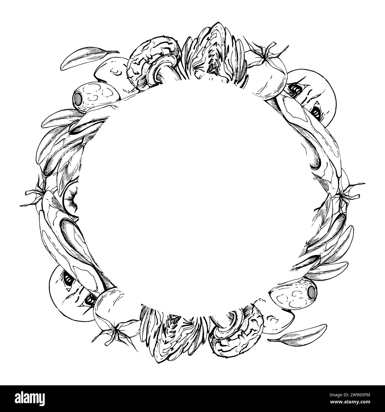 Hand drawn vector ink illustration. Champignon mozzarella artichoke
