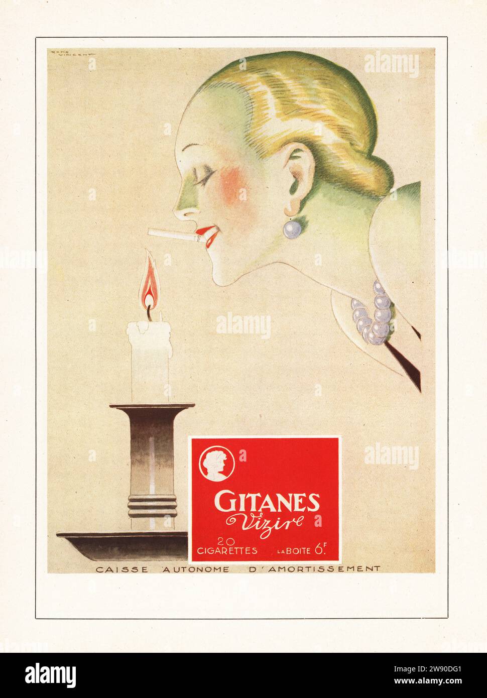 Magazine ad for French cigarette brand Gitanes Vizire, Paris, 1928. A fashionable woman leans over a candle to light a cigarette. Ad designed by Rene Vincent, a popular art deco style illustrator in the 20s and 30s. Colour printed ad from Art, Gout, Beaute, published by fashion magazine AGB, Lyon, 1928. Stock Photo